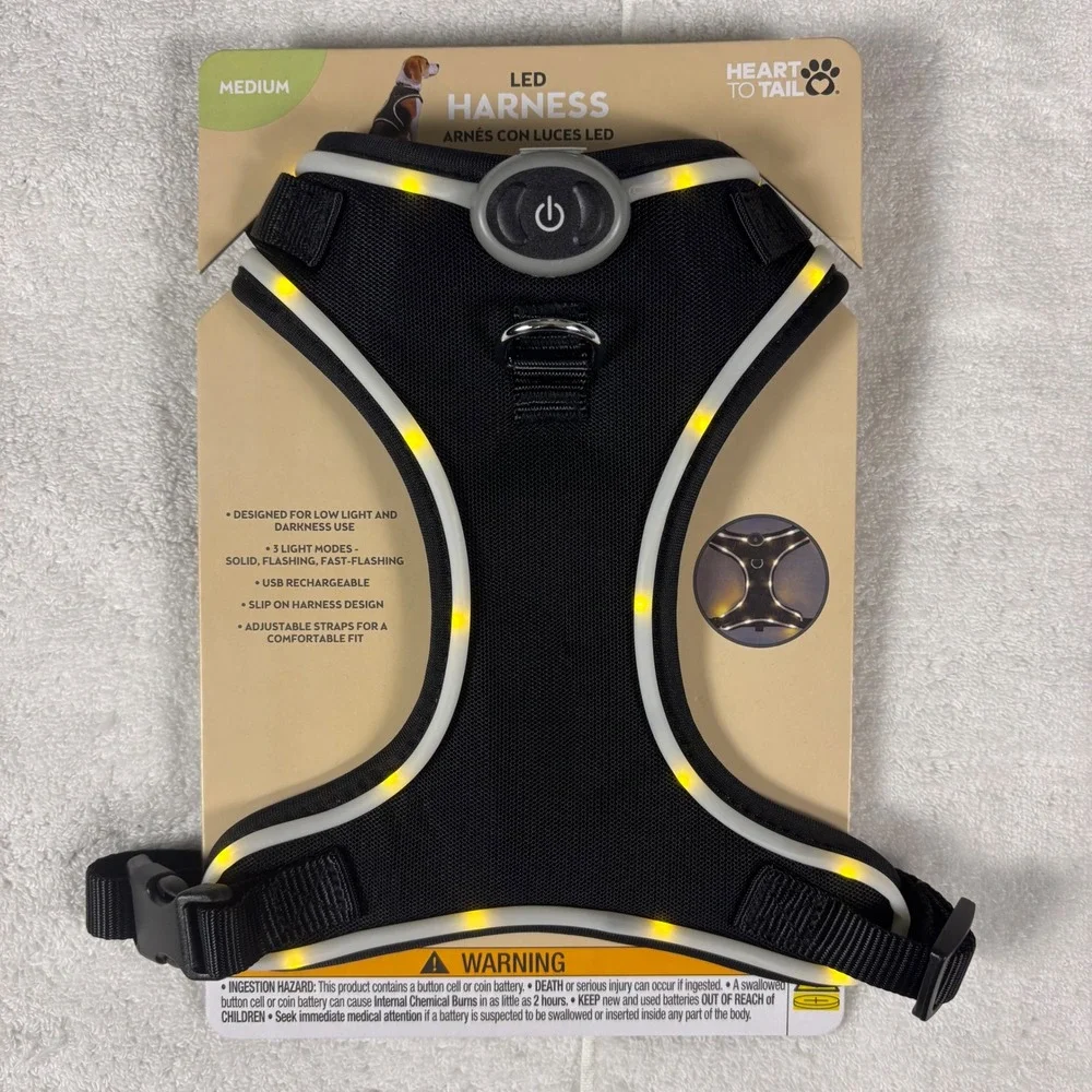 Heart to Tail LED‎ Dog Harness Medium Black USB Rechargeable 3 Light Modes